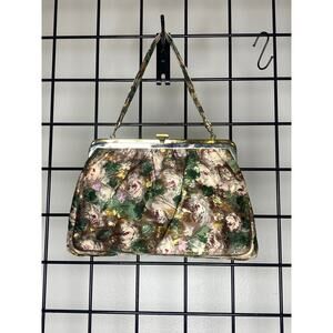 Vintage Rolfs Impressionist Floral Satin Kiss-Lock Handbag w/ Pink Satin Lining